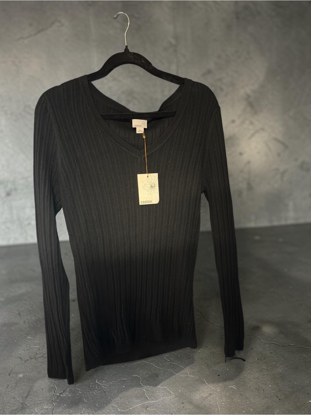 Caslon Black Ribbed V-Neck Long Sleeve Tee